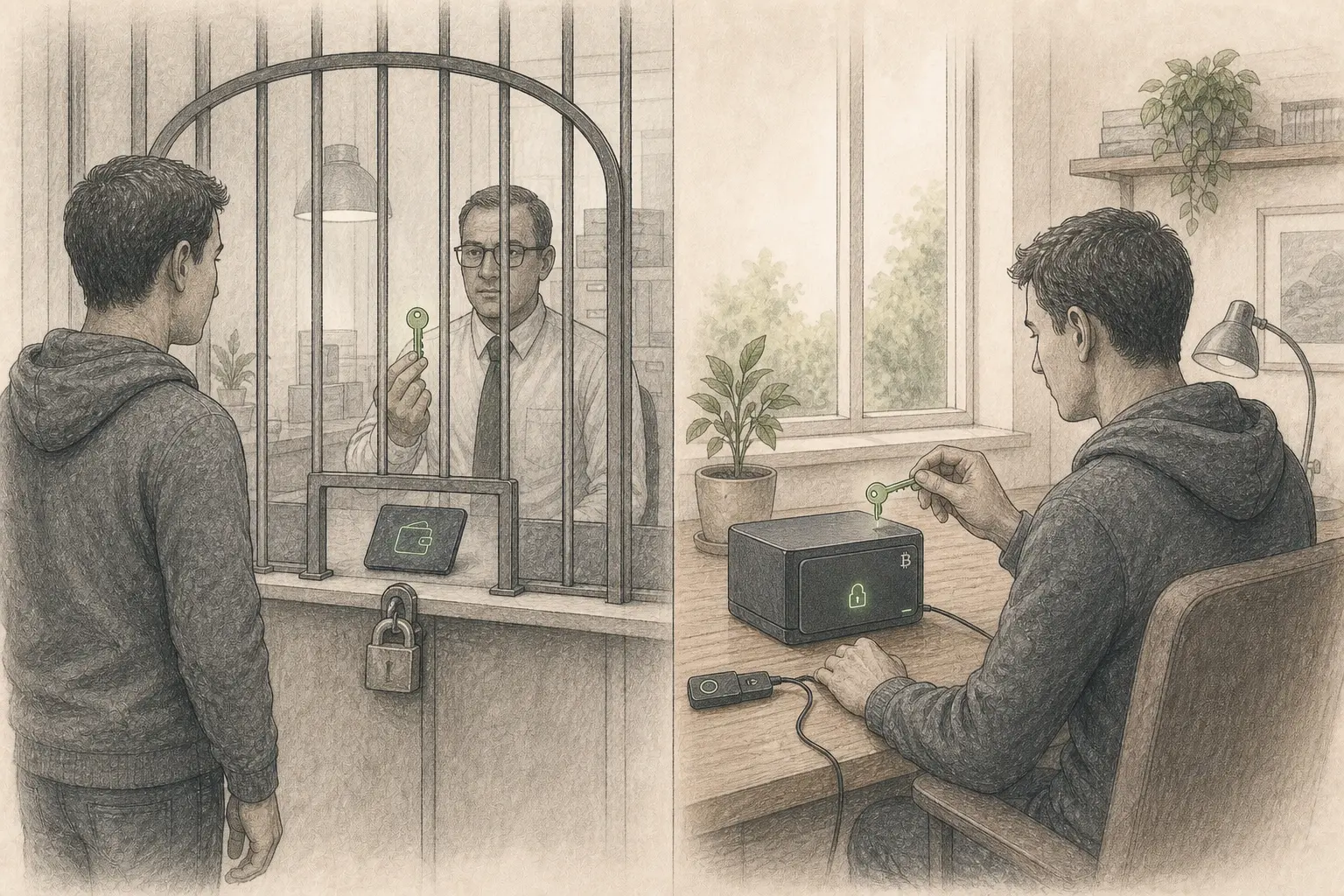 Illustration: Links verwaltet ein Mittelsmann den Zugangsschlüssel hinter einem verschlossenen Schalter, rechts hält dieselbe Person den Schlüssel zu eigener Bitcoin-Node und Hardware-Wallet