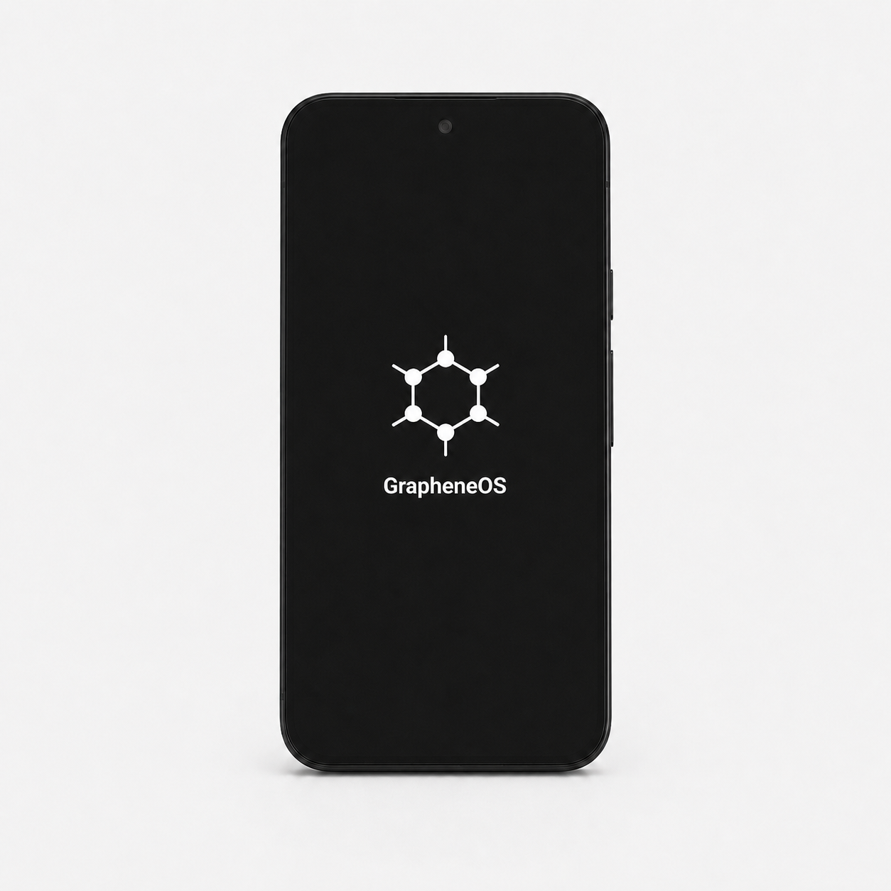 Beispielfoto eines Smartphones mit weißem GrapheneOS-Startlogo auf schwarzem Display