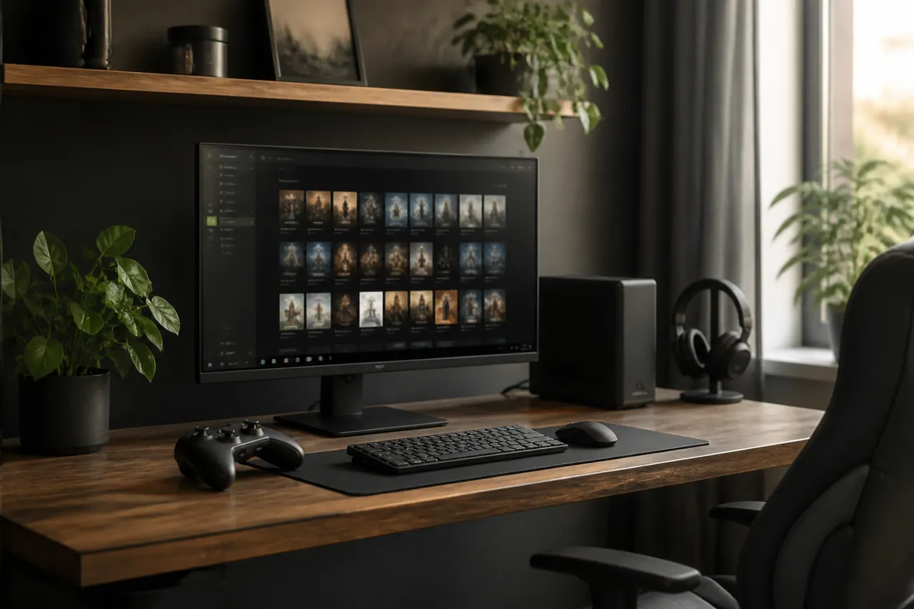 Aufgeräumter Gaming-Arbeitsplatz mit Linux-PC und Controller