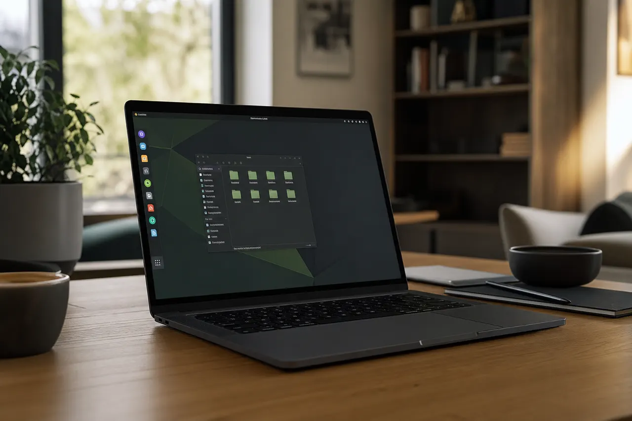 Moderner Laptop mit Linux-Oberfläche am privaten Arbeitsplatz