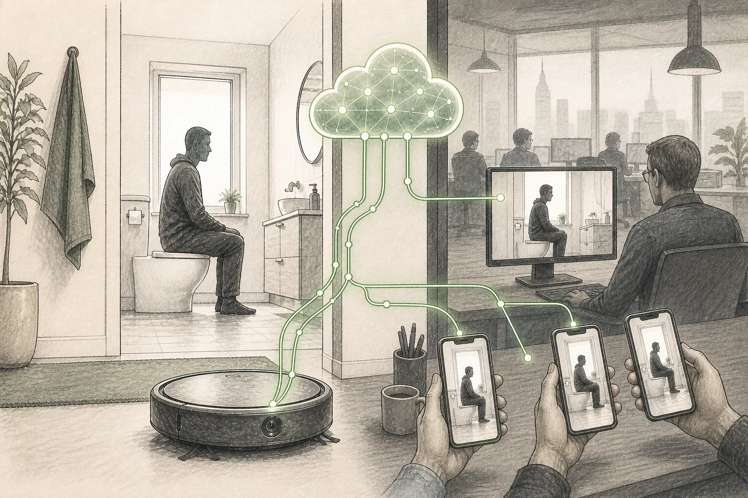 Symbolbild: Ein Saugroboter überträgt eine private Badezimmersituation über eine Cloud an einen fremden Arbeitsplatz und mehrere Smartphones