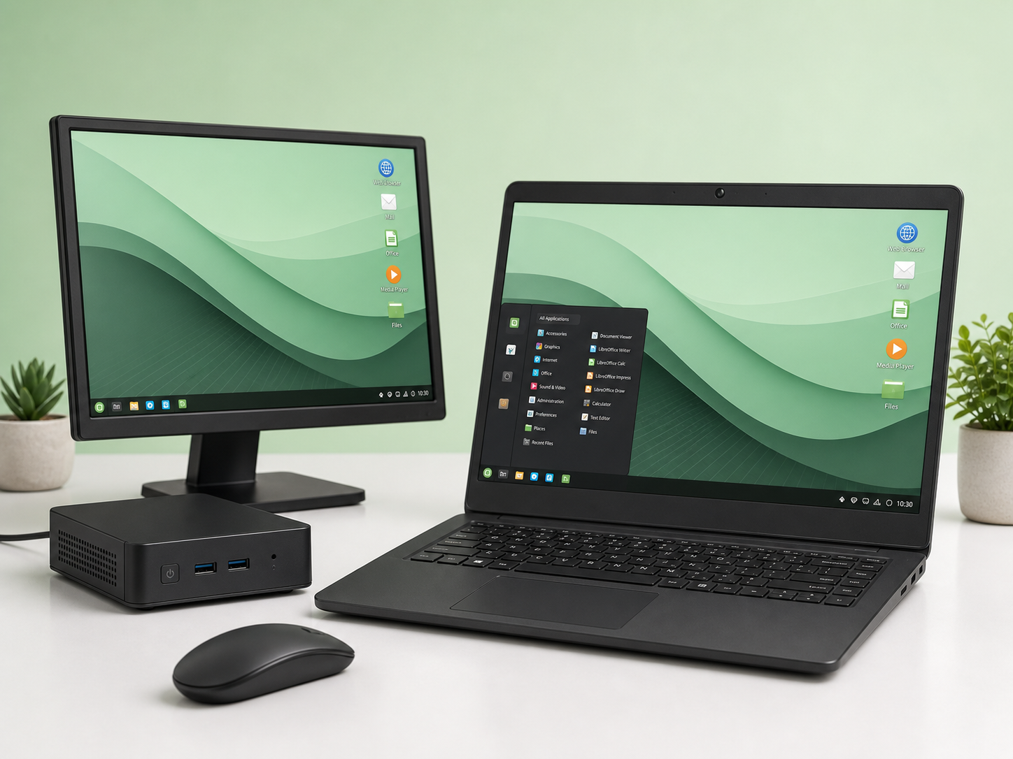 Symbolbild eines kompakten Mini-PCs und eines Business-Laptops mit einem mintgrünen Linux-Desktop